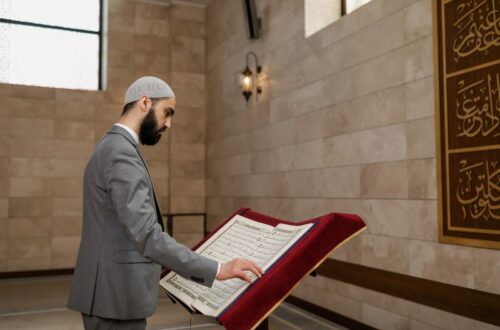 A Bearded Man in Gray Suit Reading a Koran