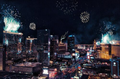 city with fireworks during night time